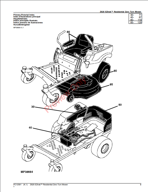 JOHN DEERE Z625 EZTRAK RESIDENTIAL ZERO TURN MOWER PC12591 - PARTS CATALOG MANUAL