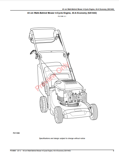 JOHN DEERE 43CM WALK-BEHIND MOWER 4-CYCLE ENGINE,43-A ECONOMY (SA1442) PC4865 - PARTS CATALOG MANUAL