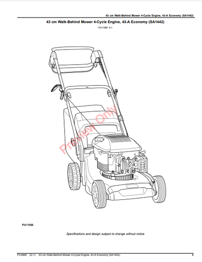 JOHN DEERE 43CM WALK-BEHIND MOWER 4-CYCLE ENGINE,43-A ECONOMY (SA1442) PC4865 - PARTS CATALOG MANUAL