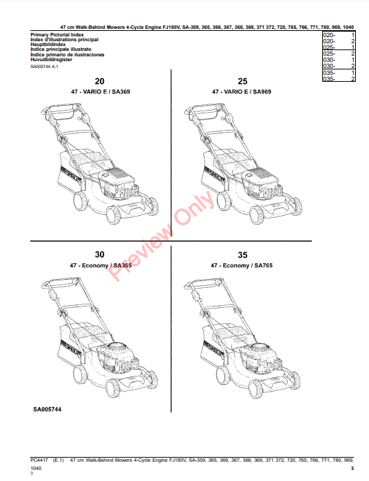 JOHN DEERE 47CM WALK-BEHIND MOWERS 4-CYCLE ENGINE FJ180V, SA359, SA365, SA366, SA368, SA369, SA371,S PC4417 - PARTS CATALOG MANUAL