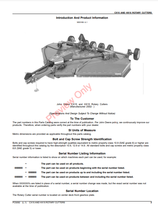 JOHN DEERE CX15 AND HX15 ROTARY CUTTER PC9262 - PARTS CATALOG MANUAL