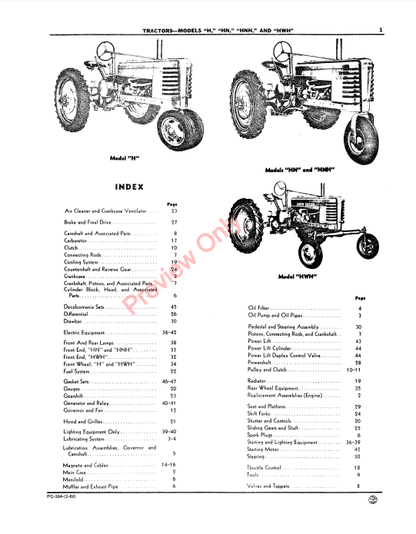 JOHN DEERE MODELS H, HN, HNH, HWH TRACTORS PC304 - PARTS CATALOG MANUAL