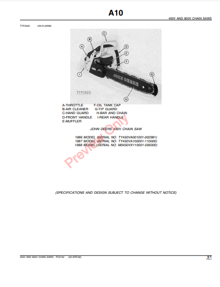 JOHN DEERE 450V, 800V CHAIN SAWS PC2142 - PARTS CATALOG MANUAL