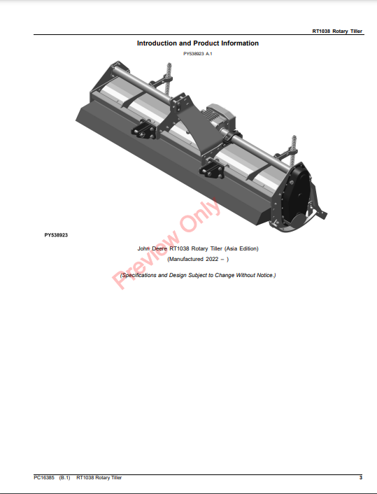 JOHN DEERE RT1038 ROTARY TILLER (ASIA EDITION) PC16385 - PARTS CATALOG MANUAL