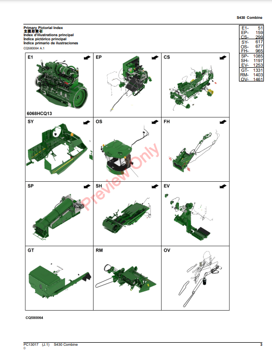 JOHN DEERE S430 COMBINE PC13017 - PARTS CATALOG MANUAL