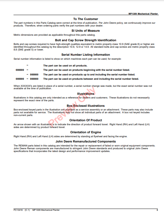 JOHN DEERE MP1309 MECHANICAL PLANTER PC13416 - PARTS CATALOG MANUAL