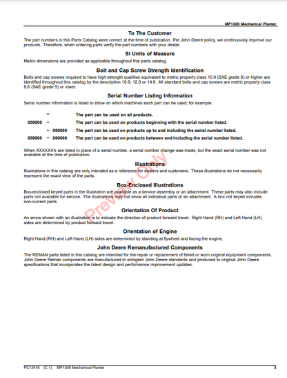 JOHN DEERE MP1309 MECHANICAL PLANTER PC13416 - PARTS CATALOG MANUAL