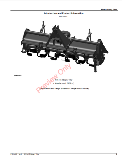 JOHN DEERE RT5415 ROTARY TILLER PC16039 - PARTS CATALOG MANUAL