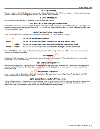 JOHN DEERE RT7027 ROTARY TILLER PC13391 - PARTS CATALOG MANUAL