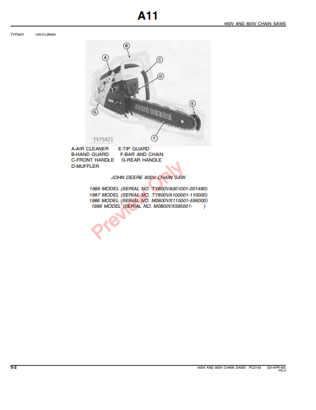 JOHN DEERE 450V, 800V CHAIN SAWS PC2142 - PARTS CATALOG MANUAL