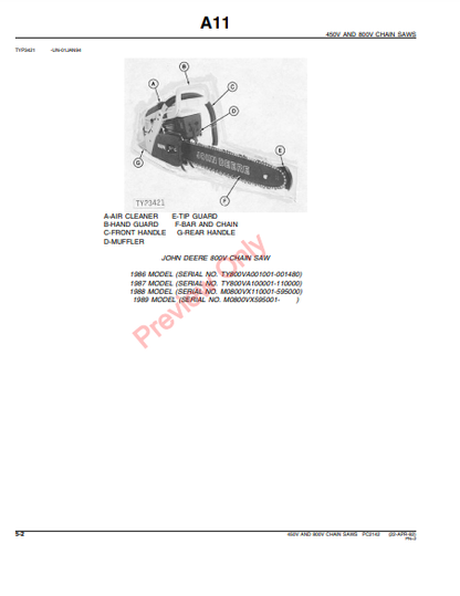 JOHN DEERE 450V, 800V CHAIN SAWS PC2142 - PARTS CATALOG MANUAL