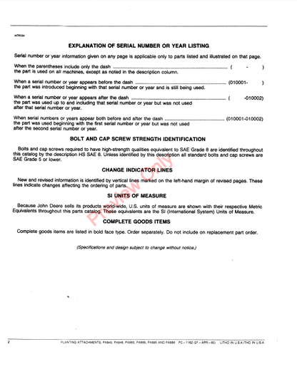 JOHN DEERE PA845, PA846, PA865, PA866, PA885, PA886 PLANTING ATTACHMENT PC1162 - PARTS CATALOG MANUAL