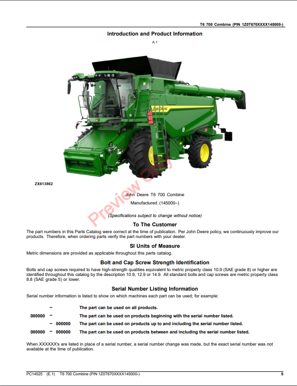 JOHN DEERE T6 700 COMBINE PC14525 - PARTS CATALOG MANUAL