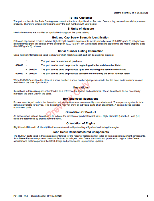 JOHN DEERE ELECTRIC SCARIFIER, 31-V EL (SA725) PC14090 - PARTS CATALOG MANUAL