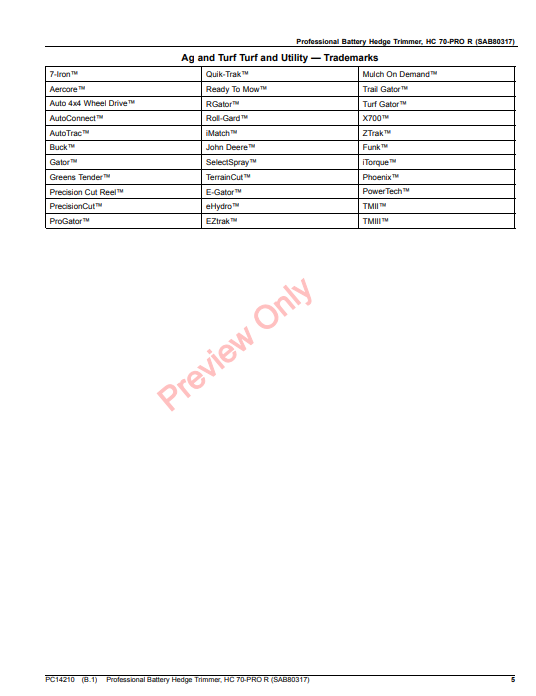 JOHN DEERE PROFESSIONAL BATTERY HEDGE TRIMMER, HC 70-PRO R (SAB80317) PC14210 - PARTS CATALOG MANUAL