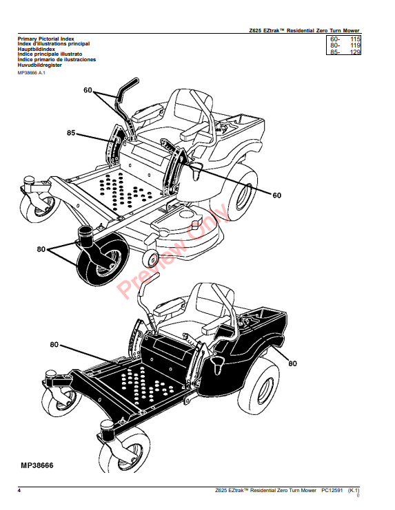 JOHN DEERE Z625 EZTRAK RESIDENTIAL ZERO TURN MOWER PC12591 - PARTS CATALOG MANUAL