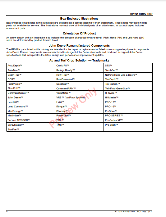 JOHN DEERE RT1024 ROTARY TILLER PC12265 - PARTS CATALOG MANUAL