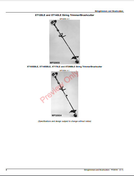 JOHN DEERE STRINGTRIMMERS AND BRUSHCUTTERS PC9316 - PARTS CATALOG MANUAL