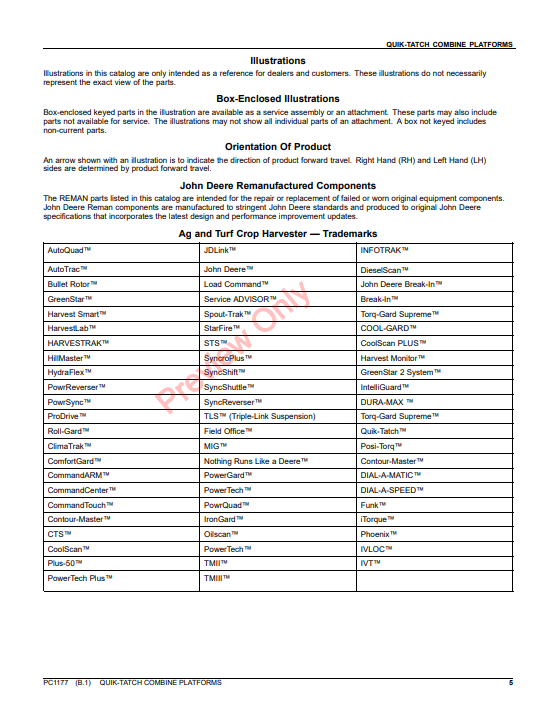 JOHN DEERE QUIK-TATCH COMBINE PLATFORMS PC1177 - PARTS CATALOG MANUAL