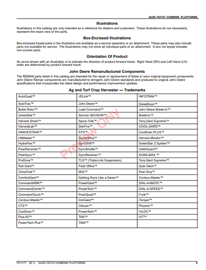 JOHN DEERE QUIK-TATCH COMBINE PLATFORMS PC1177 - PARTS CATALOG MANUAL