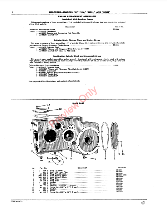 JOHN DEERE MODELS H, HN, HNH, HWH TRACTORS PC304 - PARTS CATALOG MANUAL