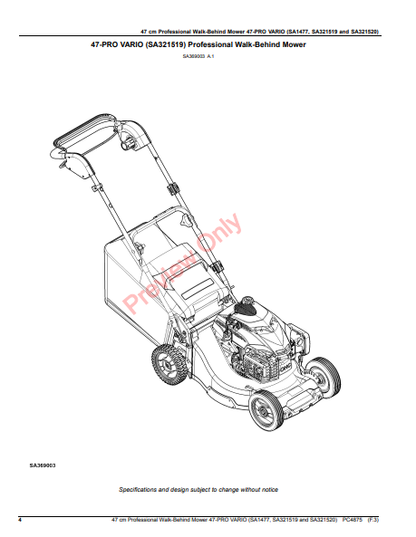 JOHN DEERE 47CM PROFESSIONAL WALK-BEHIND MOWER 47-PRO VARIO (SA1477, SA321519 AND SA321520) PC4875 - PARTS CATALOG MANUAL