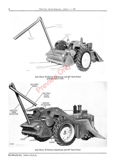 JOHN DEERE CORN SHELLER ATTACHMENT- 50 PC600 - PARTS CATALOG MANUAL