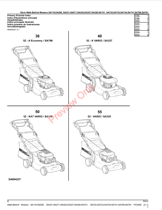 JOHN DEERE 52CM WALK-BEHIND MOWERS 2 AND 4-CYCLE -SA 119, 206, 231, 271, 325, 327, 328, 721, 722, 723, 724, 731, 790, 7 PC4400 - PARTS CATALOG MANUAL