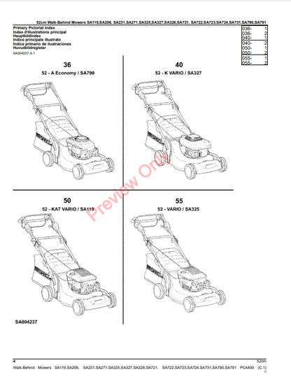 JOHN DEERE 52CM WALK-BEHIND MOWERS 2 AND 4-CYCLE -SA 119, 206, 231, 271, 325, 327, 328, 721, 722, 723, 724, 731, 790, 7 PC4400 - PARTS CATALOG MANUAL