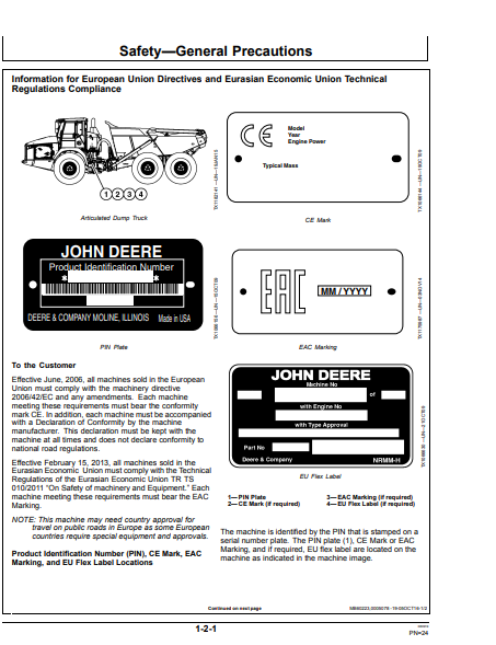 OPERATOR MANUAL - JOHN DEERE 250D,300D (D SERIES II)  Construction Articulated Dump Truck OMT263512