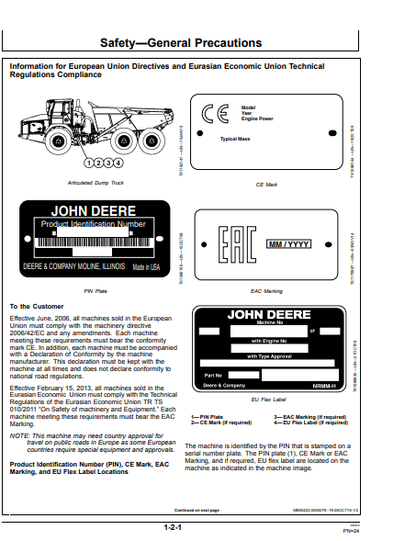 OPERATOR MANUAL - JOHN DEERE 250D,300D (D SERIES II)  Construction Articulated Dump Truck OMT263512