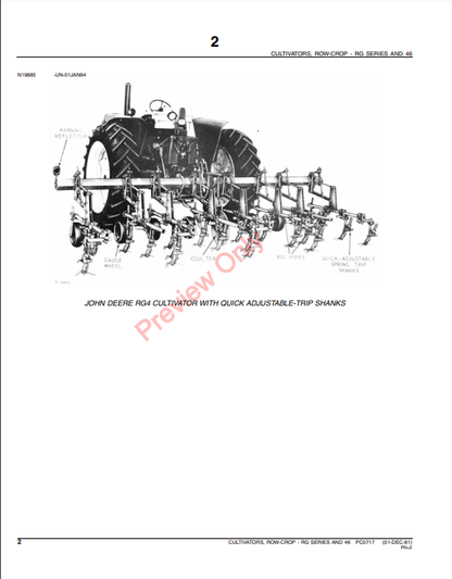 JOHN DEERE RG SERIES AND 46 ROW-CROP CULTIVATORS PC0717 - PARTS CATALOG MANUAL