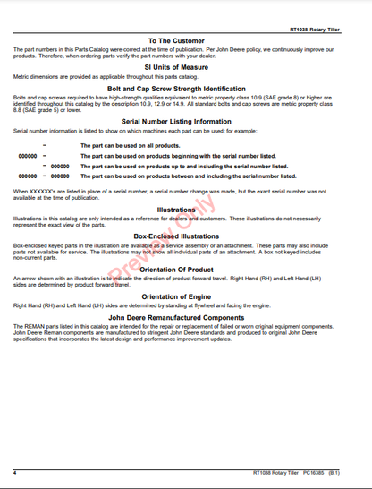 JOHN DEERE RT1038 ROTARY TILLER (ASIA EDITION) PC16385 - PARTS CATALOG MANUAL