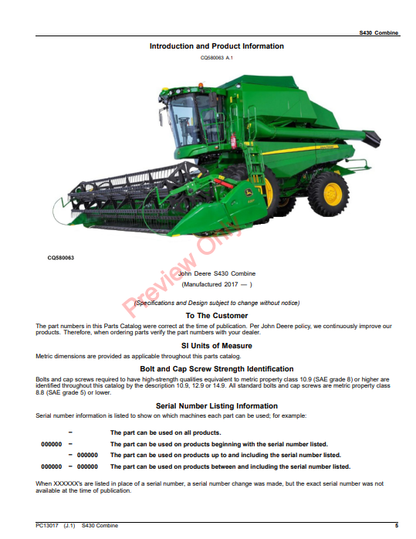 JOHN DEERE S430 COMBINE PC13017 - PARTS CATALOG MANUAL