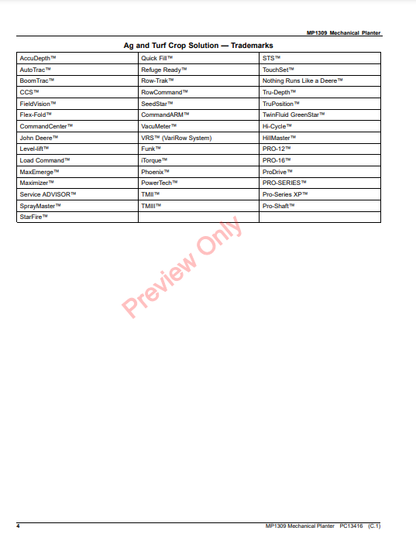 JOHN DEERE MP1309 MECHANICAL PLANTER PC13416 - PARTS CATALOG MANUAL