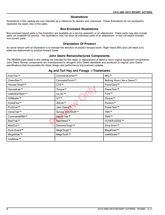 JOHN DEERE CX15 AND HX15 ROTARY CUTTER PC9262 - PARTS CATALOG MANUAL