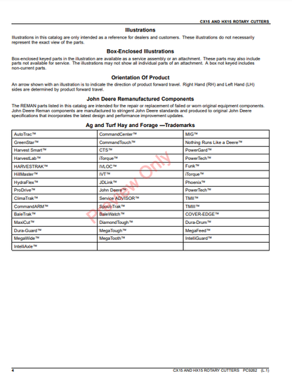 JOHN DEERE CX15 AND HX15 ROTARY CUTTER PC9262 - PARTS CATALOG MANUAL