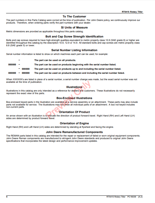 JOHN DEERE RT5415 ROTARY TILLER PC16039 - PARTS CATALOG MANUAL