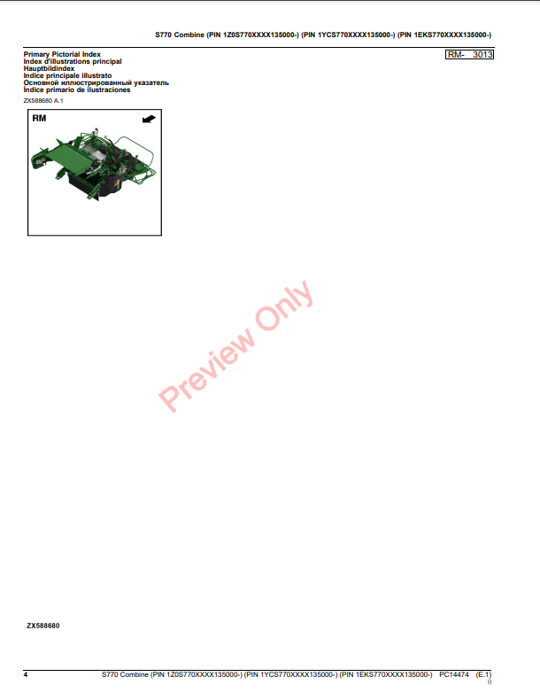 JOHN DEERE S770 COMBINE PC14474 - PARTS CATALOG MANUAL