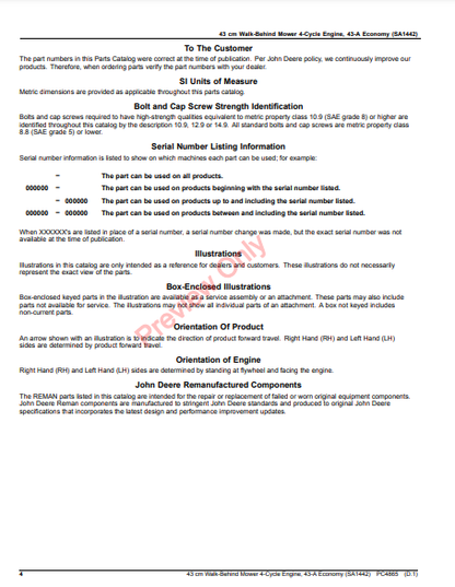 JOHN DEERE 43CM WALK-BEHIND MOWER 4-CYCLE ENGINE,43-A ECONOMY (SA1442) PC4865 - PARTS CATALOG MANUAL