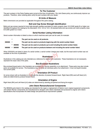 JOHN DEERE RB0310 ROUND BALER (INDIA EDITION) PC13433 - PARTS CATALOG MANUAL