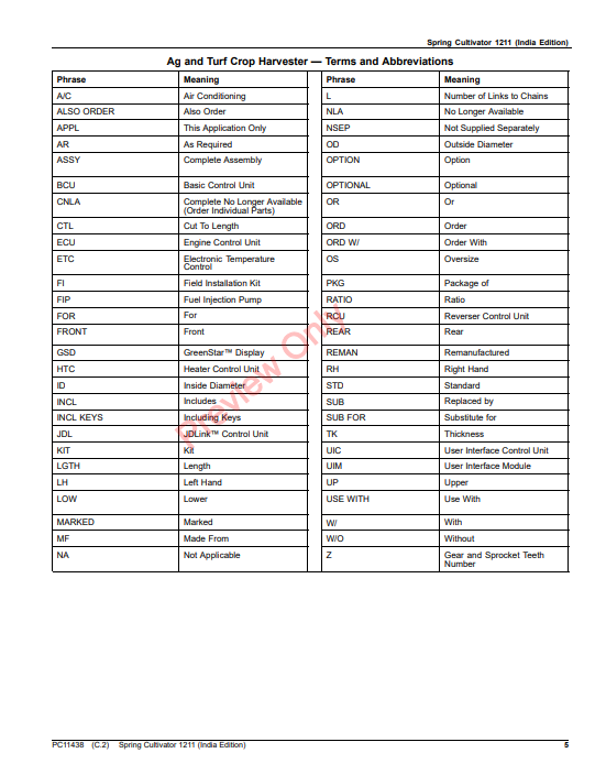 JOHN DEERE SPRING CULTIVATOR 1211 (INDIA EDITION) PC11438 - PARTS CATALOG MANUAL