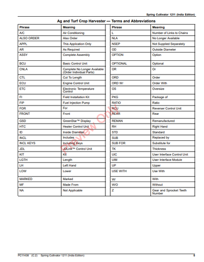 JOHN DEERE SPRING CULTIVATOR 1211 (INDIA EDITION) PC11438 - PARTS CATALOG MANUAL