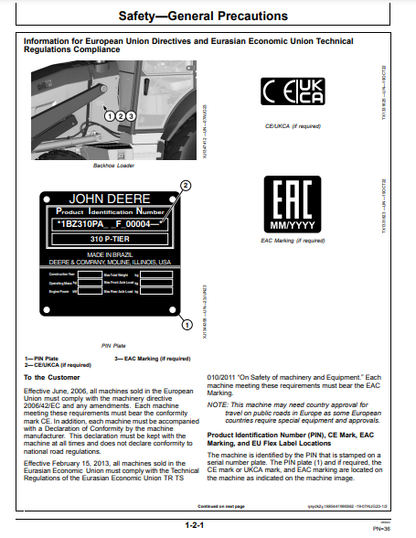 OPERATOR MANUAL - JOHN DEERE 310 P CONSTRUCTION BACKHOE LOADER OMT481853X019