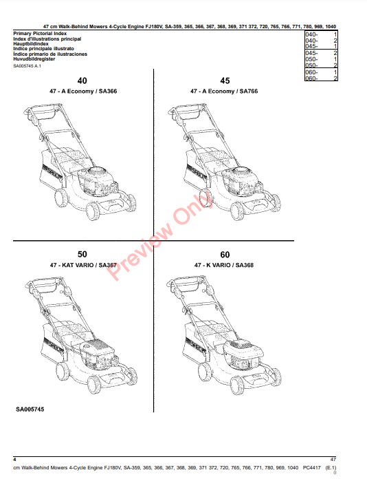 JOHN DEERE 47CM WALK-BEHIND MOWERS 4-CYCLE ENGINE FJ180V, SA359, SA365, SA366, SA368, SA369, SA371,S PC4417 - PARTS CATALOG MANUAL