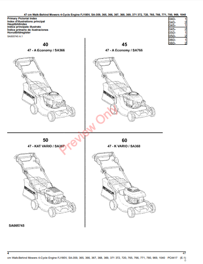 JOHN DEERE 47CM WALK-BEHIND MOWERS 4-CYCLE ENGINE FJ180V, SA359, SA365, SA366, SA368, SA369, SA371,S PC4417 - PARTS CATALOG MANUAL