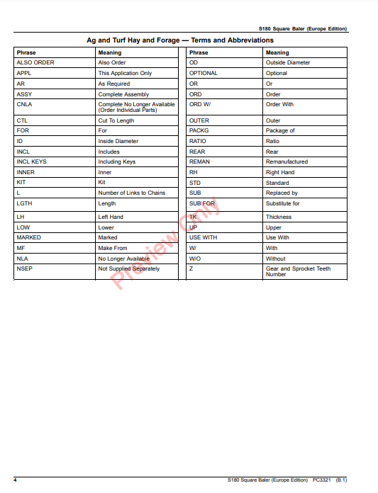 JOHN DEERE S180 SQUARE BALER (EUROPE EDITION) PC3321 - PARTS CATALOG MANUAL