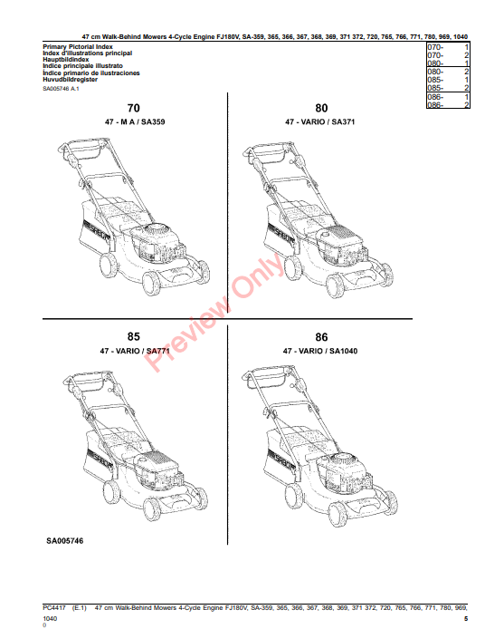 JOHN DEERE 47CM WALK-BEHIND MOWERS 4-CYCLE ENGINE FJ180V, SA359, SA365, SA366, SA368, SA369, SA371,S PC4417 - PARTS CATALOG MANUAL