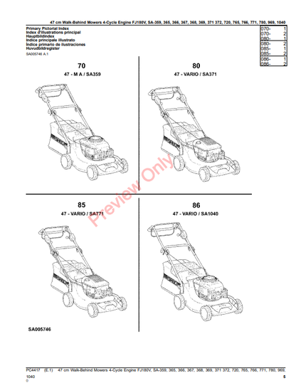 JOHN DEERE 47CM WALK-BEHIND MOWERS 4-CYCLE ENGINE FJ180V, SA359, SA365, SA366, SA368, SA369, SA371,S PC4417 - PARTS CATALOG MANUAL