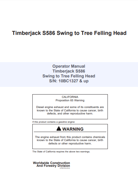 F295729 - JOHN DEERE S586 (S SERIES) Forestry Stt Disc Saw Felling Head OPERATOR MANUAL